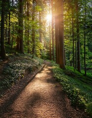 Obraz premium A sun-drenched path winds through a dense forest, the golden light illuminating the way.