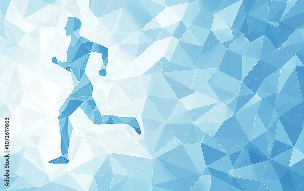 Poster a person running through a geometric blue background, symbolizing speed and motivation in a dynamic 