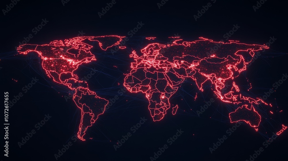 Poster explore the global network of connections through a stunning red-illuminated world map visualization