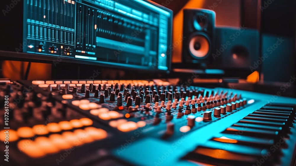 Poster close-up of a mixing console in a music studio with a computer monitor and speakers in the backgroun