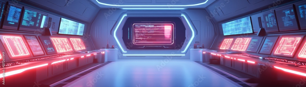 Poster explore the futuristic design of a high-tech control room filled with advanced technology interfaces