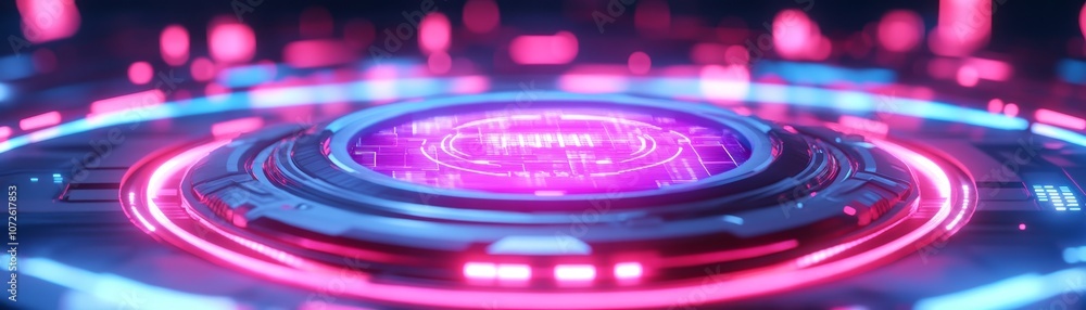 Poster explore the futuristic design of a high-tech interface with vibrant colors and dynamic patterns