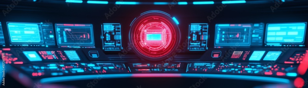 Poster explore the futuristic technology of a high-tech control room with dynamic visuals