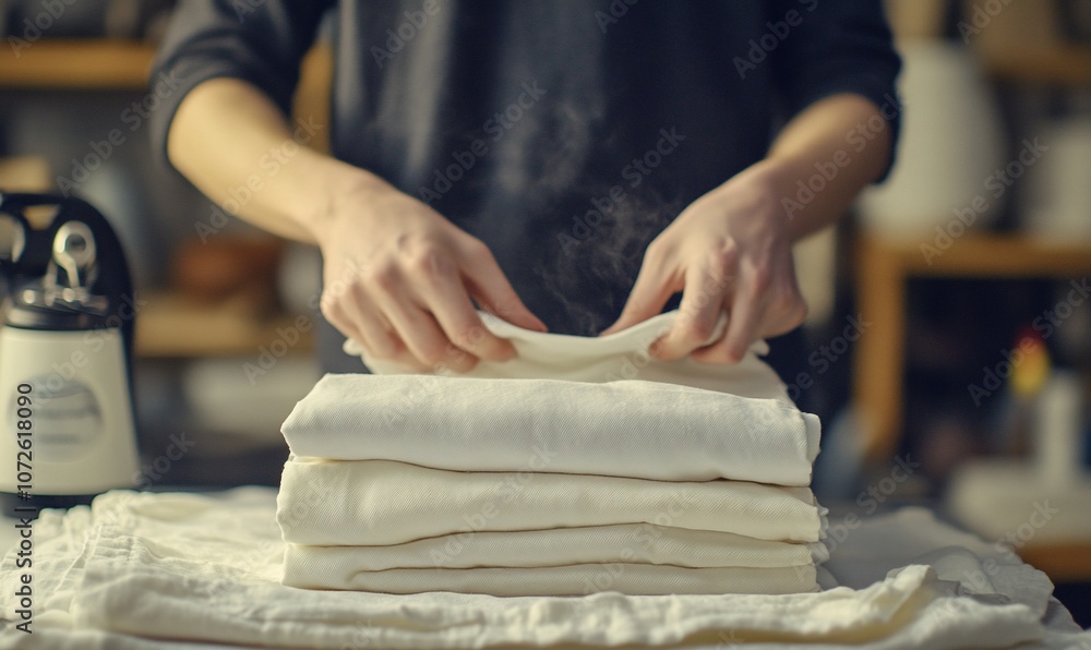 Poster close-up of a person's hands steaming and folding a stack of white linen fabric on a table.