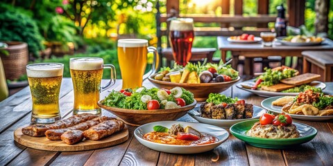 Fototapeta premium A Casual Dining Experience: A Table Spread with Delicious Food and Drinks Featuring Salad, Meat, and Refreshing Beer in an Inviting Atmosphere for Perfect Gatherings