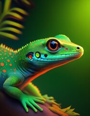 Obraz premium Close-up of a vibrant green lizard with colorful markings, looking to the side with its orange eye.