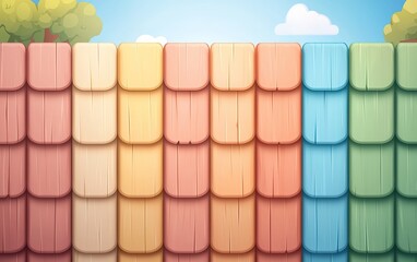 Colorful wooden fence panels in a bright, sunny garden with trees and clouds in the background