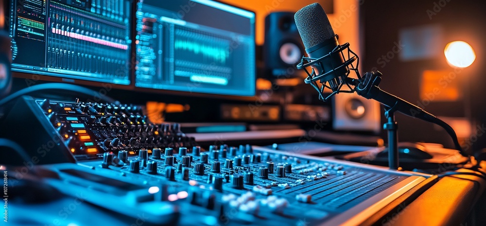 Aufkleber close-up of a professional audio mixing console with a microphone in the background.