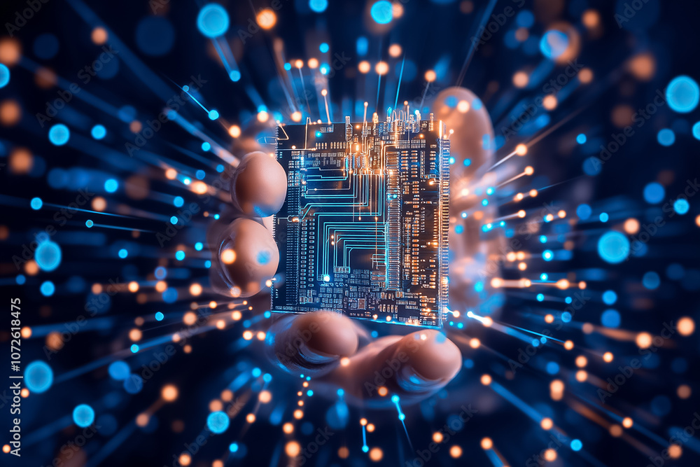 Poster a hand holds a microchip enveloped in glowing particles, symbolizing tech advancements and digital i