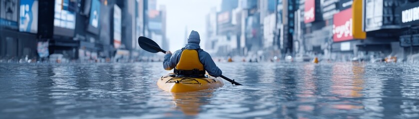 Kayaker navigates through flooded urban landscape of times square amidst rising waters
