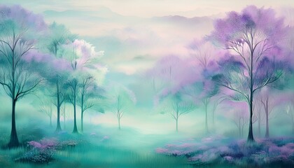 Obraz premium A magical forest scene with trees in shades of purple and teal, enveloped in a mystical fog.