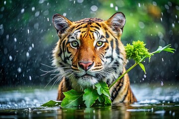 Fototapeta premium A Close-Up of a Wet Animal Gripping a Submerged Green Plant in Its Mouth, Perfect for Nature Themes and Environmental Awareness