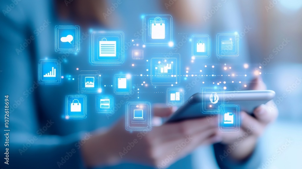 Poster explore how mobile technology revolutionizes shopping experiences with interactive digital interface