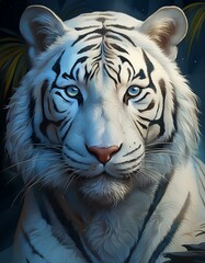 Obraz premium A majestic white tiger with piercing blue eyes stares intensely at the camera, a captivating image of power and grace.