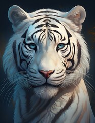 Obraz premium A close-up portrait of a white tiger with piercing blue eyes. The tiger's stripes are clearly visible against its white fur.