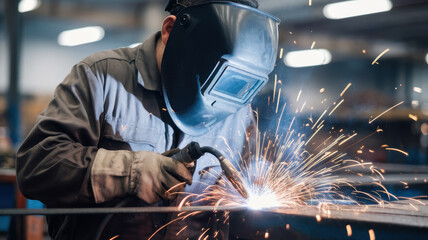 A male Hispanic welder wearing protective gear works meticulously, creating sparks as he welds metal pieces in a workshop environment.