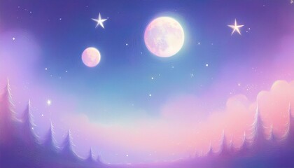 Dreamy pastel sky with a full moon and twinkling stars, perfect for a magical night.