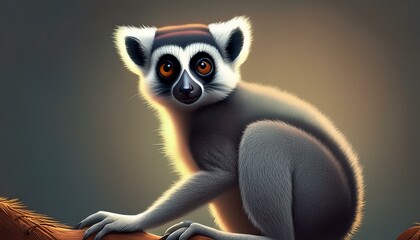 Obraz premium A curious lemur with large orange eyes stares intently at the camera, sitting on a branch with soft, warm light illuminating its fur.