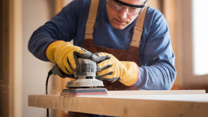 A male carpenter of Caucasian descent uses a power sander on a wooden surface, showcasing craftsmanship and attention to detail in the workshop.