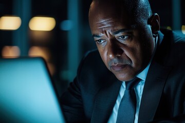 Geschäftsmann mit Laptop Videokonferenz Nachtlicht Blaulicht reflektierende Brille Technologie moderner Arbeitsplatz Remote Arbeit digitale Kommunikation Homeoffice entspannte Atmosphäre Business