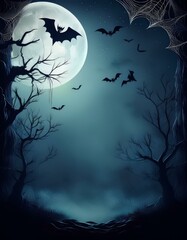 Fototapeta premium A spooky Halloween night scene with a full moon, bats flying, and spiderwebs. Perfect for your next Halloween party or invitation.