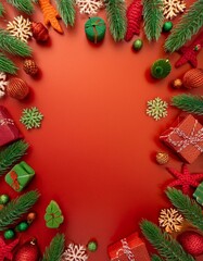 A festive Christmas frame with pine branches, ornaments, and gifts on a red background.