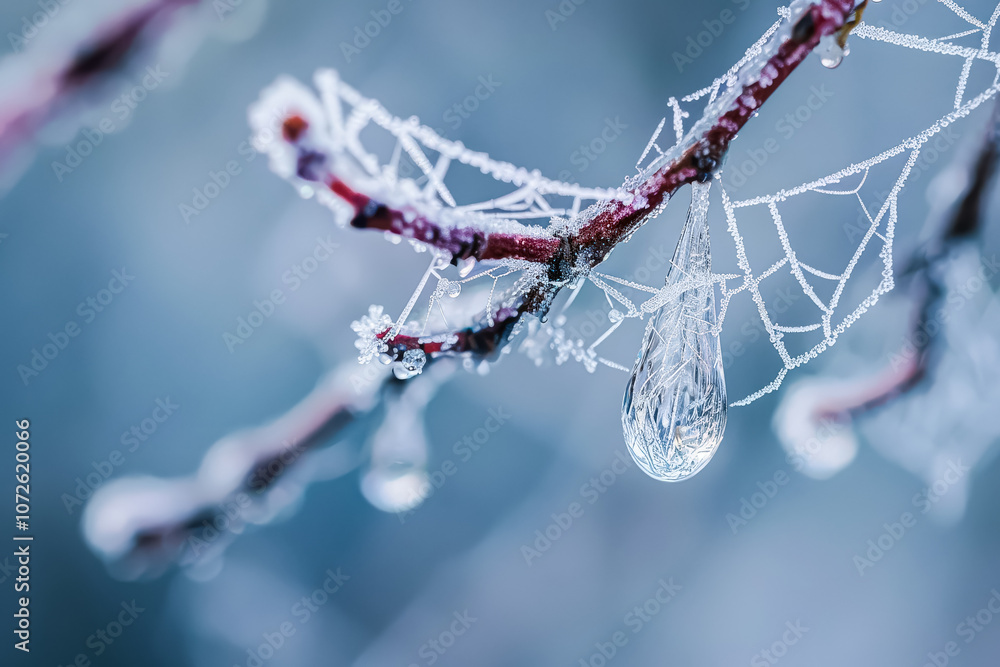 Poster spider web is covered in ice and snow. the web is a beautiful and intricate design, with each strand