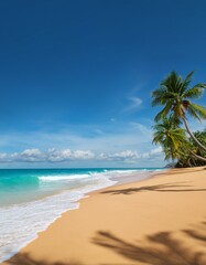 Obraz premium A pristine beach with turquoise water and soft sand, framed by palm trees swaying in the breeze.