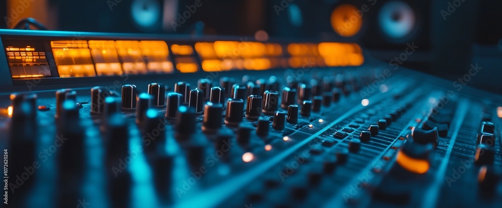 Poster closeup of a sound mixing console with knobs and buttons, illuminated by blue and orange lights.