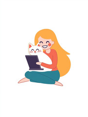 a girl with her pet cat, drawing, working from home
