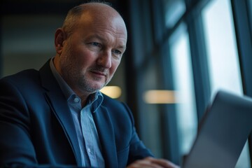 Naklejka premium Geschäftsmann Laptop Videokonferenz Nachtlicht Blaulicht reflektierende Brille Technologie moderner Arbeitsplatz Remote Arbeit digitale Kommunikation Homeoffice entspannte Atmosphäre Business