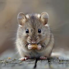 Close-Up Photograph of an Adorable Mouse Nibbling on a Bread Crumb