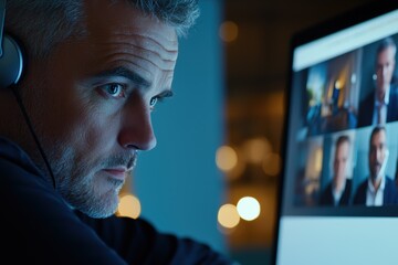 Geschäftsmann Laptop Videokonferenz Nachtlicht Blaulicht Technologie moderner Arbeitsplatz Remote Arbeit digitale Kommunikation Homeoffice entspannte Atmosphäre Business