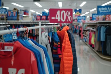 Store interior showing clothes on racks and a bold 40% off sign for a sale promotion..