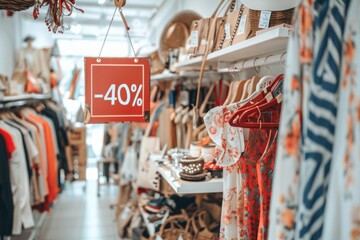 Boho boutique interior showing clothes on racks and a bold 40% off sign for a sale promotion..