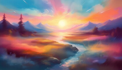 A vibrant sunrise paints the sky with hues of pink, orange, and blue as a river meanders through a valley.