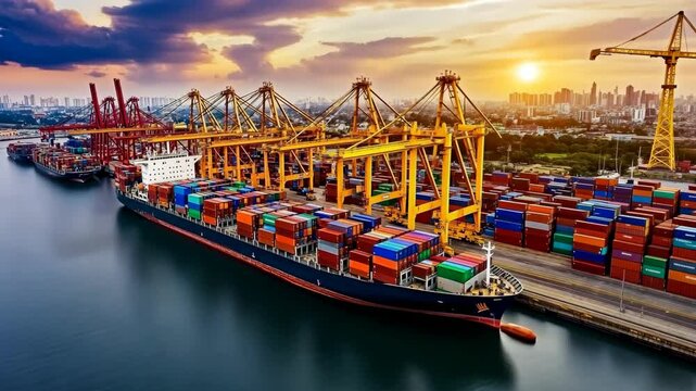 A large cargo ship is docked at a busy port with several cranes loading and unloading containers at sunset