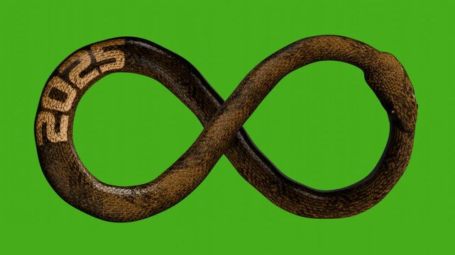 Loop 3D animation for the new year 2025. A long snake with the texture of the date 2025, absorbs itself by the tail and moves forming a mathematical symbol of infinity.