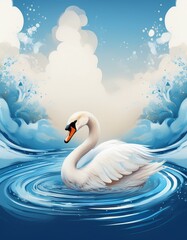 Obraz premium A graceful white swan glides across the tranquil blue water, creating ripples with its elegant movement.
