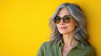 Fototapeta premium A cheerful senior woman flaunts her gray hair and sunglasses, radiating joy in her vibrant green shirt against a sunny backdrop.