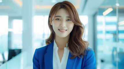 Fototapeta premium A confident Asian businesswoman smiles brightly in her contemporary office, adorned in crisp white and blue decor.