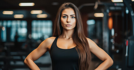 Fototapeta premium A fit and beautiful young woman confidently stretches in the gym, showcasing her grace and dedication to fitness.