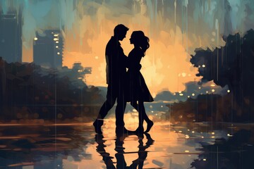 Romantic couple silhouette standing in the rain with a glowing city backdrop