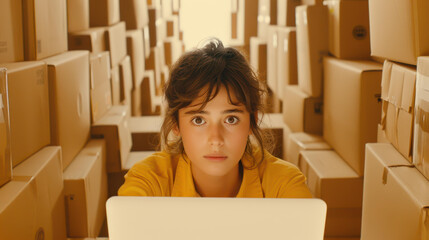 A woman in uniform efficiently uses a laptop within a bustling warehouse, surrounded by organized parcels ready for shipment.