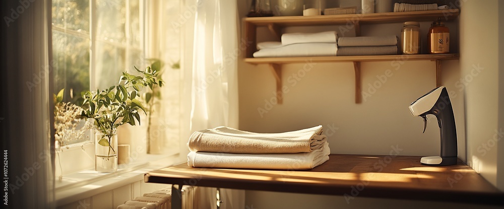 Aufkleber Folded towels and a steamer sit on a table with a window in the background.