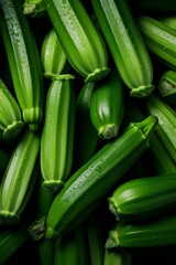 A close-up of fresh, green zucchini, arranged in a textured pattern, with water droplets on their surface.