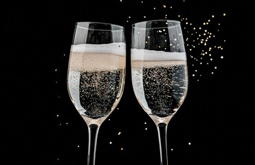 Two champagne glasses clinking with golden sparkles 