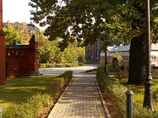 Buildings and yard on the grounds of the Medical University of Wrocław, Poland.