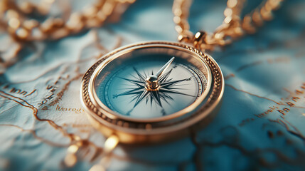 A brass compass rests on a detailed map, directing adventurers toward the north with its intricate design