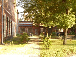 Buildings and yard on the grounds of the Medical University of Wrocław, Poland.